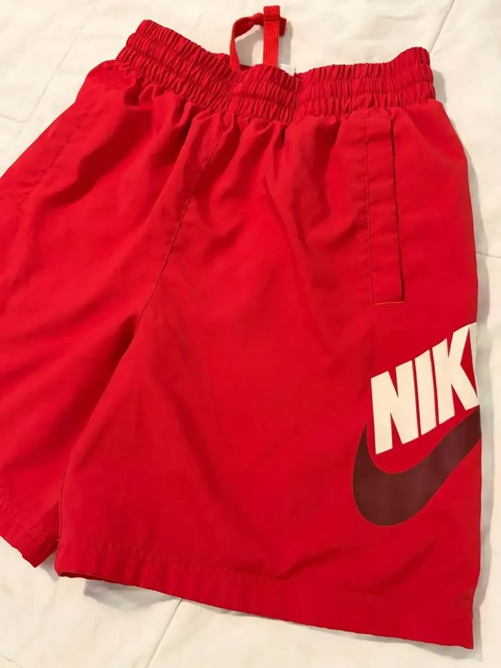 Nike Boys Large Red Swim Trunks Logo Swoosh Mesh Lined Drawstring Shorts Swim